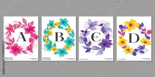Elegant Floral Alphabet Poster Set with Decorative Flower Wreath Frames and Letters A B C D for Wedding Invitations, Monogram Design and Botanical Typography