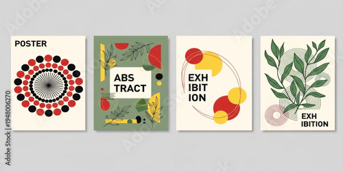 Modern Abstract Poster Collection with Geometric Shapes, Botanical Elements and Minimal Layout for Creative Exhibition, Art Gallery Promotion and Contemporary Graphic Design