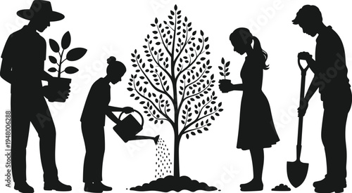 People planting tree silhouette, environmental conservation teamwork concept, gardening and nature protection activity, community volunteers planting sapling illustration vector