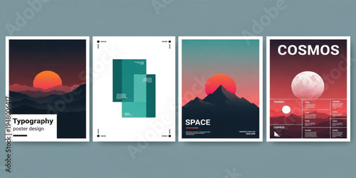Modern Landscape and Cosmos Poster Set Featuring Mountain Sunset, Moonlit Sky, and Minimal Typography Layout for Creative Graphic Design and Contemporary Wall Art