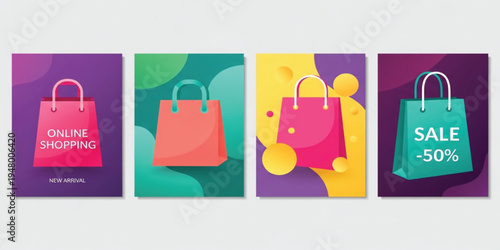 Online Shopping Poster Set with Colorful Paper Bag Illustrations and Discount Sale Promotion for E Commerce Marketing, Retail Advertising, and Modern Commercial Design