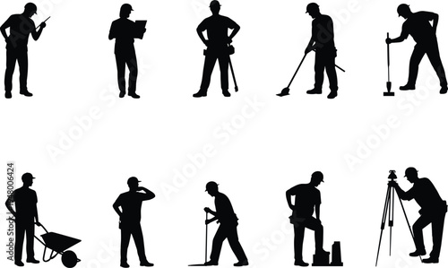 Construction worker silhouettes, labor and engineering poses, building site activities, industrial workforce illustration, tools and equipment actions, civil engineering concept