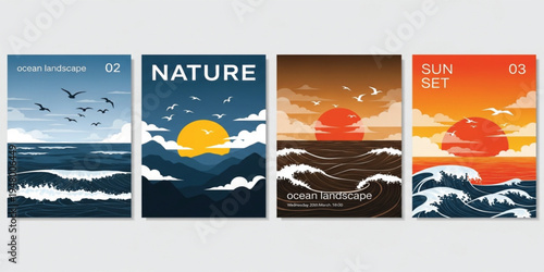 Ocean and Sunset Landscape Poster Set with Waves, Flying Birds, and Mountain Horizon for Nature Inspired Graphic Design, Scenic Illustration, and Decorative Wall Art