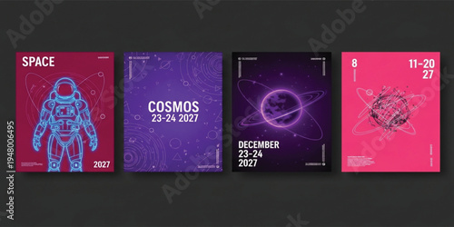 Futuristic Space Poster Collection Featuring Neon Astronaut Illustration, Cosmic Planet Orbits, and Sci-Fi Galaxy Backgrounds for Astronomy Events, Technology Themes, and Modern Graphic Design