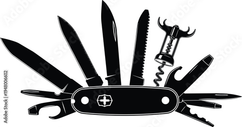 Swiss army knife multitool silhouette, camping survival pocket tool with corkscrew blades and opener, versatile outdoor equipment vector illustration