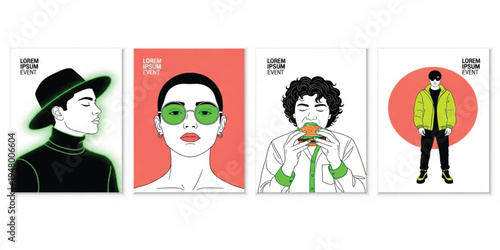 Modern Fashion Portrait Poster Set with Stylish Character Illustrations, Trendy Neon Accents, and Contemporary Pop Art Design for Events, Editorial Graphics, and Youth Culture