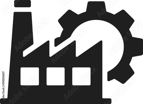 Factory icon, industrial manufacturing symbol, production plant silhouette, industry gear illustration, machinery concept design, engineering facility graphic, automation infrastructure