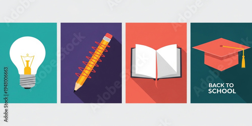 Back to School Education Poster Set with Light Bulb Idea Concept, Pencil, Open Book, and Graduation Cap for Learning, Study, and Academic Design