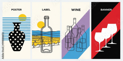Modern Wine Poster and Label Design Set with Minimal Bottle Illustrations, Vineyard Landscape, and Elegant Banner Templates for Winery Branding and Beverage Packaging