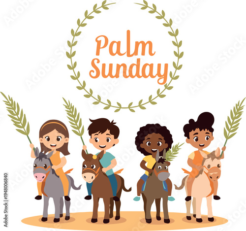 Palm Sunday kids riding christan holy week design logo icon vector white background