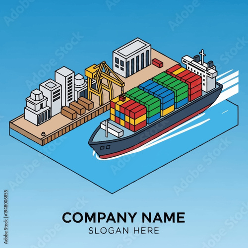 Isometric illustration of a cargo ship docked at a port, loaded with colorful shipping containers, with cranes and buildings on the dock.