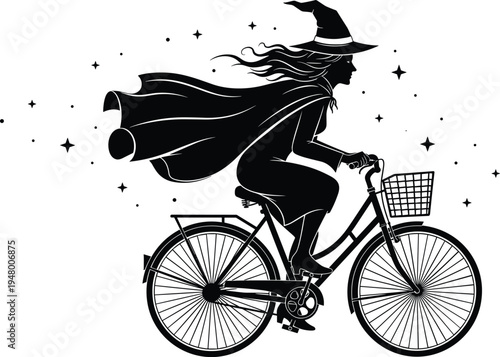 Halloween witch riding bicycle silhouette, magical night illustration, fantasy sorceress cycling under stars, spooky seasonal vector design