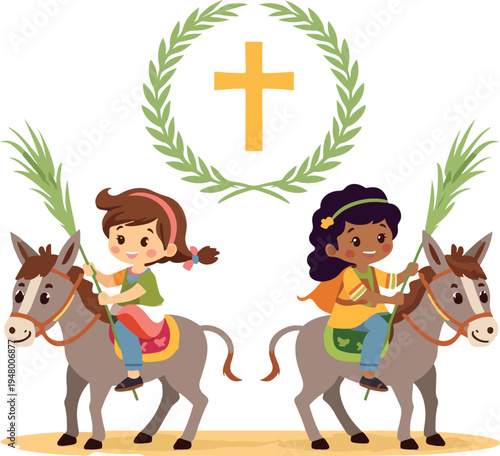 Palm Sunday kids riding christan holy week design logo icon vector white background
