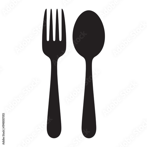 A minimalist black silhouette illustration of a standard dining fork and spoon on white background