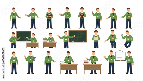Teacher in Different Poses: A set of illustrations showcasing a teacher in various stances and activities, demonstrating his role in the classroom.