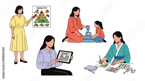 Women's Moments: A collection of images portraying women in different aspects of their lives, focusing on themes such as food and creative work.