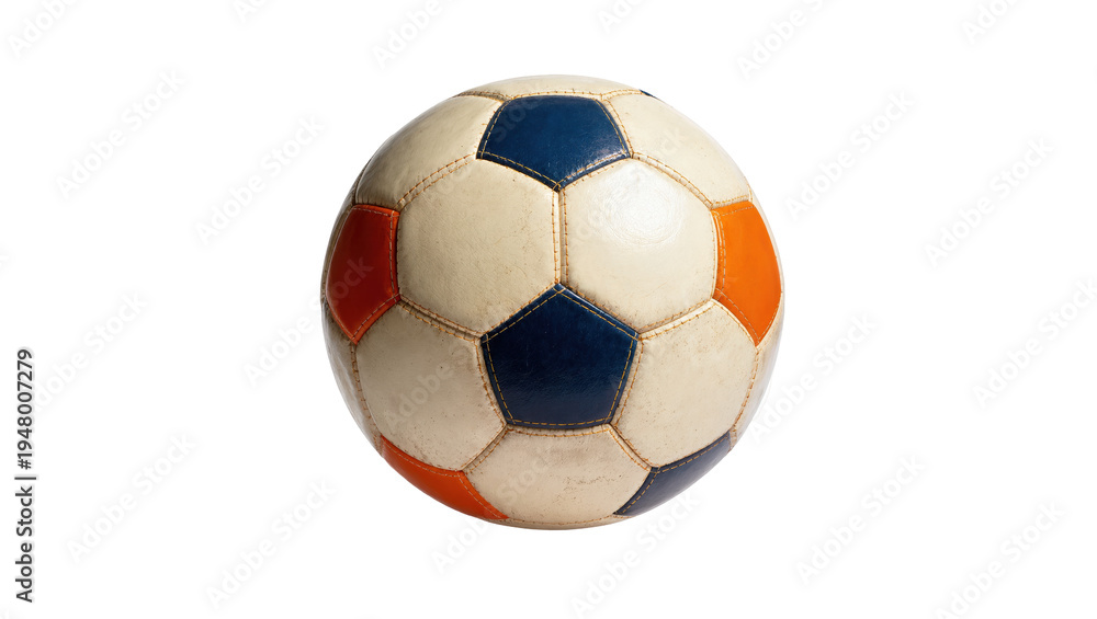 Fototapeta premium Isolated traditional soccer ball with blue and orange panels, depicting classic design and slight wear.