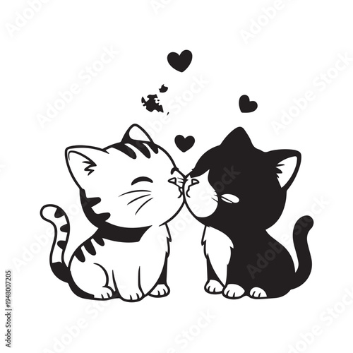 Two affectionate kittens share a kiss with hearts, black and white cartoon cats expressing love.