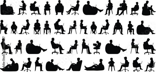 Silhouettes of people sitting and working on laptops in various poses, remote work, studying, office and home workspace vector illustration