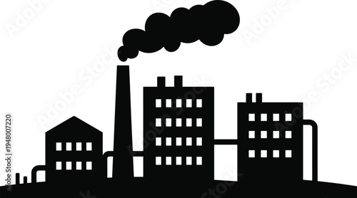 Silhouette of industrial factory with buildings, smokestack and smoke, pollution concept illustration for manufacturing, industry, energy production, environmental impact graphics