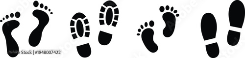 Footprint icon set. Barefoot footprints, shoe prints, child's footprints. Adults and children's steps - stock vector. isolated on transparent background