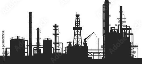 Silhouette of large industrial refinery plant with towers, tanks, pipelines and drilling rig, oil and gas processing facility vector illustration