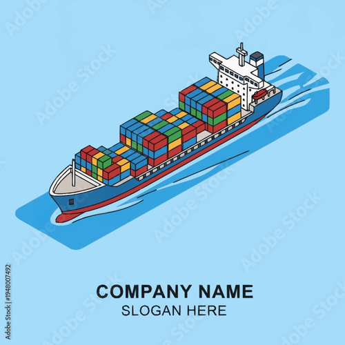 Isometric illustration of a cargo ship carrying containers on the water, with company name and slogan below.
