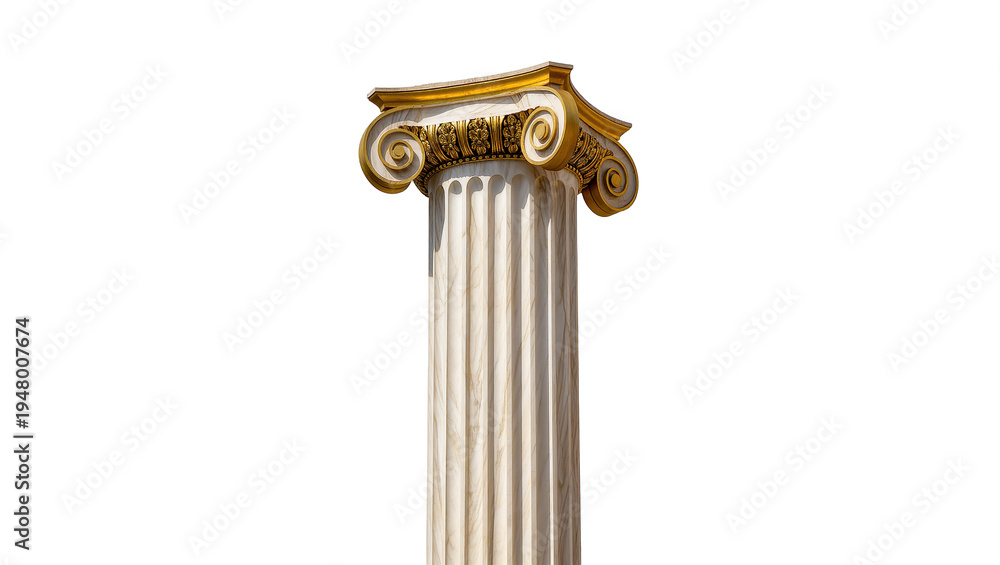 Fototapeta premium Isolated classical Ionic column capital with ornate golden decorative elements and fluted shaft