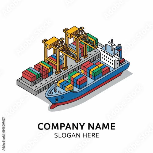 Isometric illustration of a cargo ship being loaded with containers at a port with cranes.