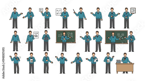 Teacher's Guidance Set: A series of illustrations capturing an instructor in a classroom setting, engaging in various instructional activities.