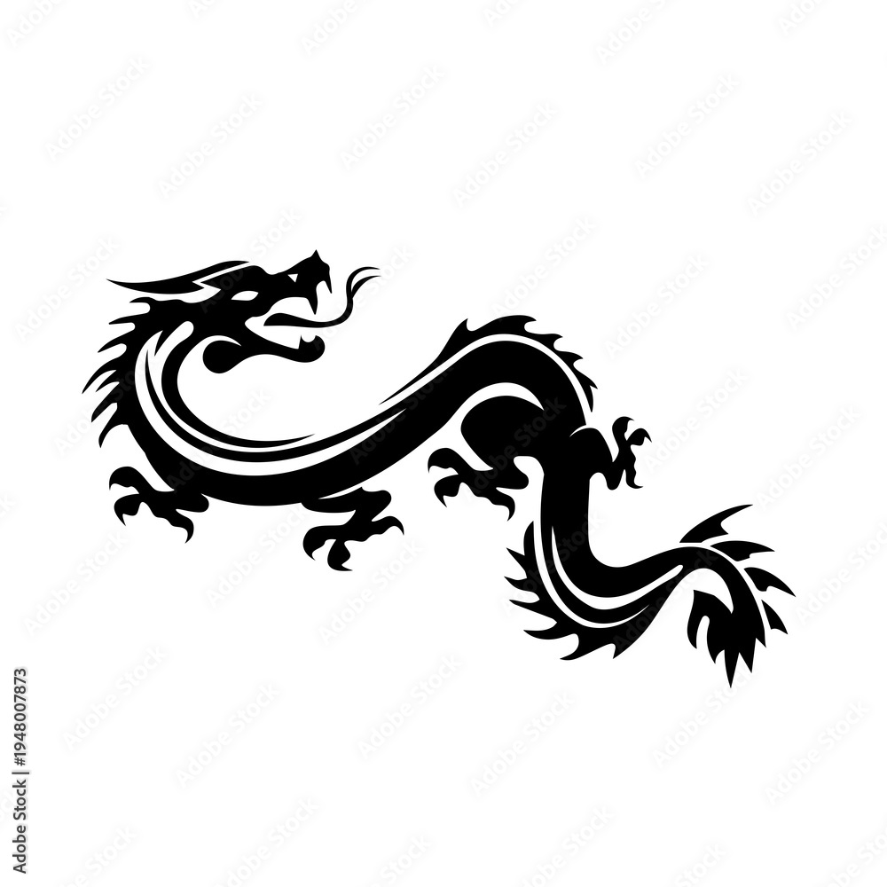 Fototapeta premium Black and white tribal style dragon tattoo design. Horizontal vector illustration of a mythical Asian dragon with stylized curves and spikes.
