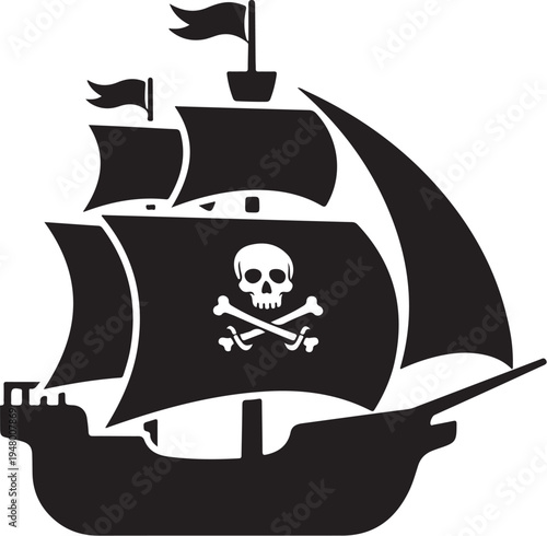 Black pirate ship icon vector with skull and crossbones flag