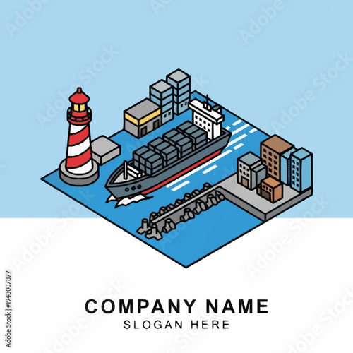Isometric illustration of a container ship arriving at a port with a lighthouse and buildings.