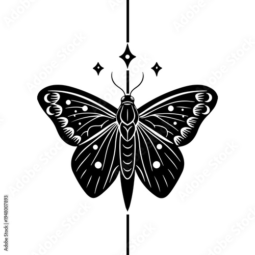 butterfly vector illustration, Symmetrical black and white celestial moth tattoo design. Night insect with moon and star patterns on its wings against a vertical line and stars.