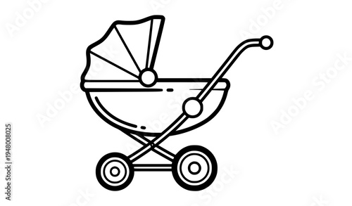 Black and white baby stroller cartoon icon simple baby cart vector illustration isolated on white