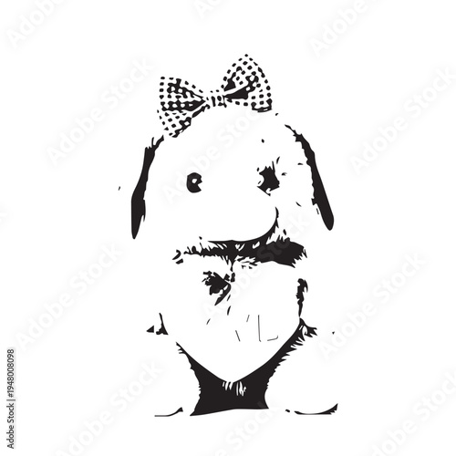 Whimsical black and white illustration of a dog with a bow.