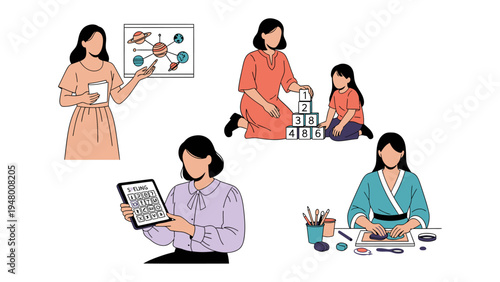 Multifaceted Woman: A depiction of a woman engaged in various roles across education, motherhood, and creativity, embodying the essence of modern female empowerment.