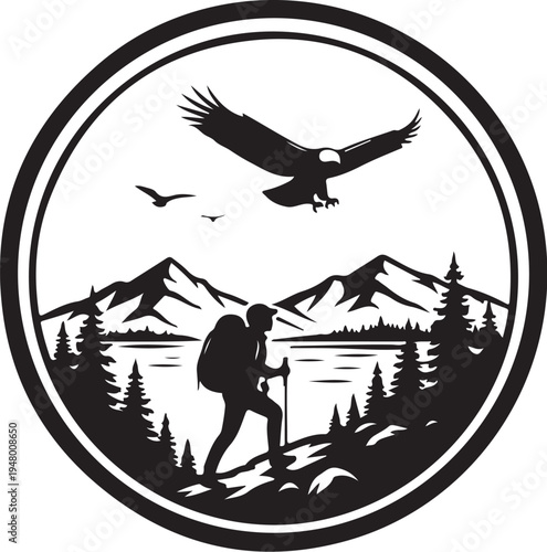 Black silhouette hiking icon with eagle and mountains