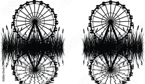 ferris, wheel, amusement, park, carnival, silhouette, reflection, water, lake, grass, entertainment, ride, fair, attraction, festival, outdoor, skyline, recreation, landscape, vector