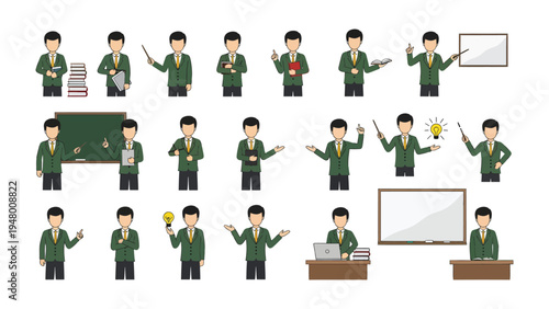 Academic Poses: A compilation of professional illustrations, showing an educator in various poses, from presenting ideas to holding notes.