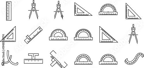 geometry, tools, ruler, compass, protractor, triangle, measurement, drafting, engineering, school, education, mathematics, drawing, instrument, scale, technical, equipment, vector, icon, collection