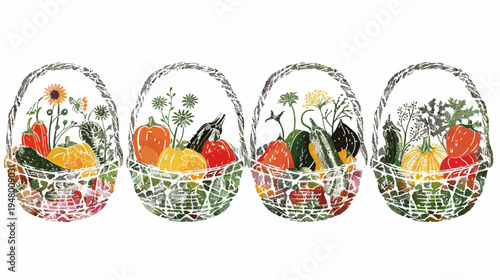 Four baskets overflowing with colorful autumn harvest produce and greenery, digital art