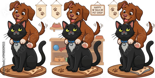 Pet Shop Advertisement Brown Dog Sitting On Black Cat Shoulders Playful Pets Animals Vector Illustration