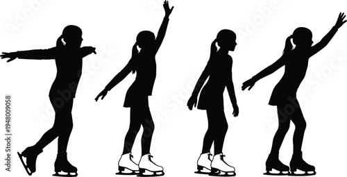 Ice skating girl silhouette set, young figure skater poses collection, winter sport activity illustration, skating performance design, black silhouette vector