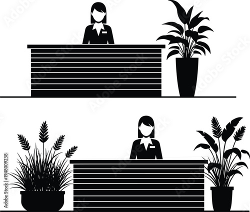 Receptionist, silhouette, at, front, desk, in, office, reception, area, customer, service, workplace, business, lobby, assistant, professional, hospitality, corporate, illustration, concept