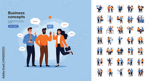Business people concepts and various professionals in different poses and outfits on blue background vector illustration