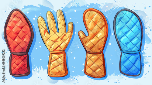 Four oven mitts in a watercolor style, a blue mottled background with white flecks