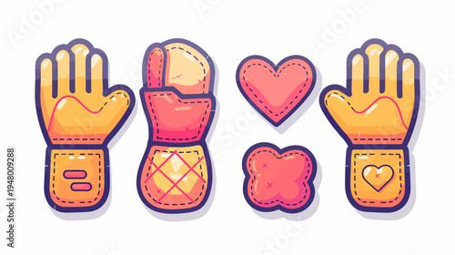 Stylized icons gloves, mittens, hearts and clover, with cartoonish outline and fill, on white