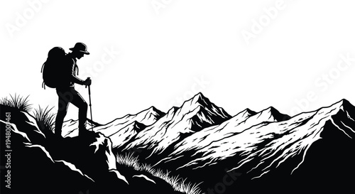 Hiker standing on mountain peak with backpack and trekking poles looking out at snow capped mountains in the distance vector illustration vector illustration