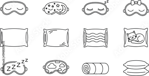 sleep, pillow, eye, mask, bedtime, rest, night, comfort, relax, dream, nap, cushion, bedroom, relaxation, wellness, insomnia, sleepwear, soft, vector, icon